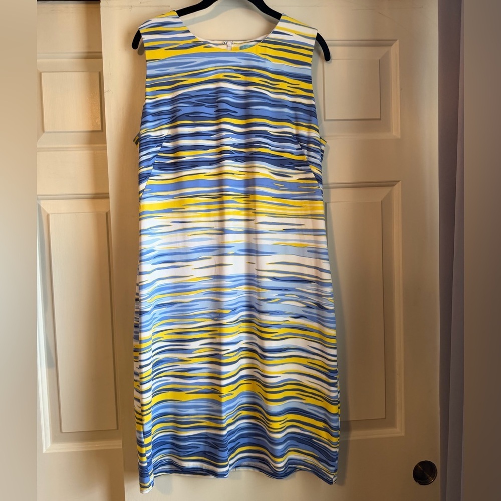 J. McLaughlin Sleeveless Shift Dress Blue Yellow Abstract Print Size XL - Picture 4 of 8